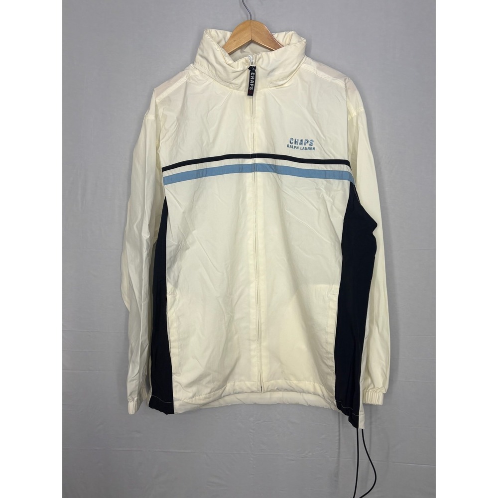 Chaps Ralph Lauren Full Zip‎ Windbreaker Jacket Mens White Logo Nylon Pockets M